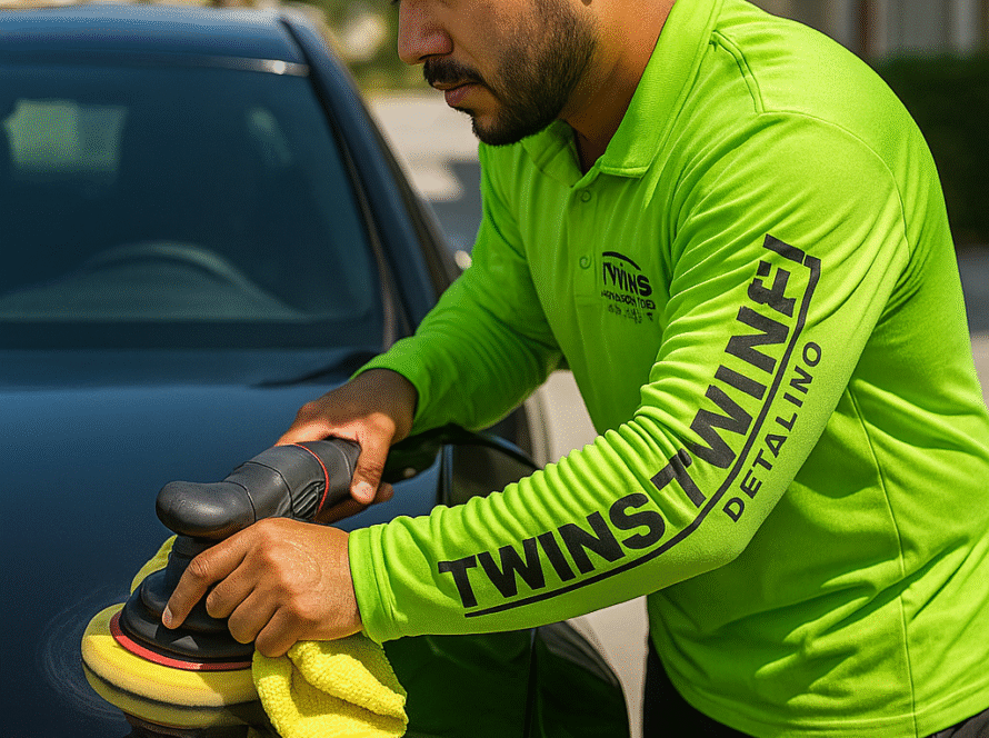 Servicio de corrección de pintura en Orlando puliendo un auto negro para eliminar rayones y swirls.